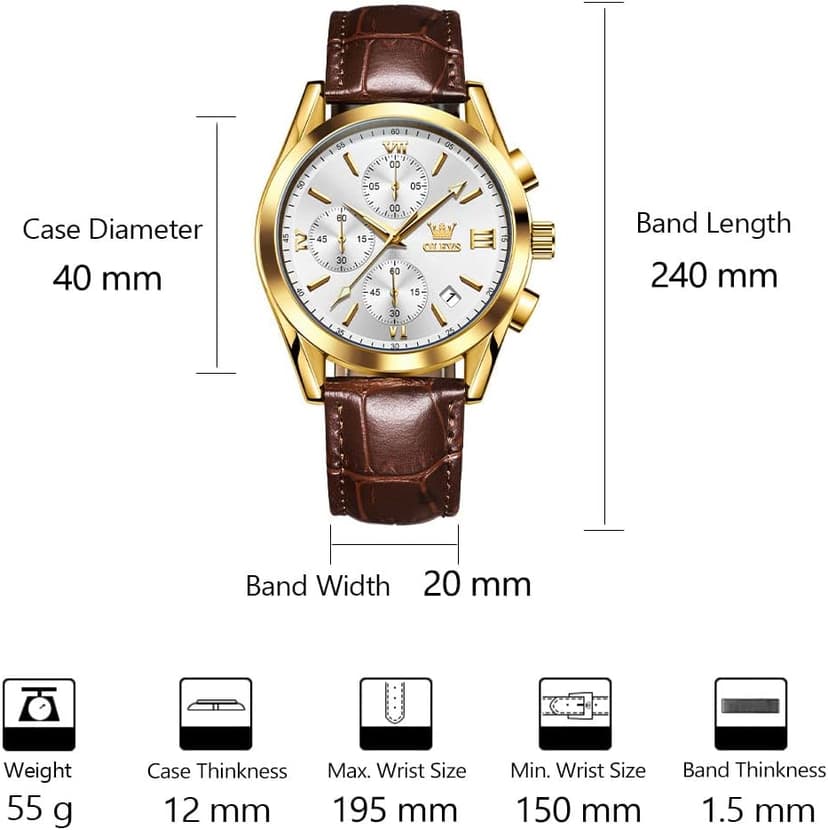 OLEVS Men's Casual Leather Watch, Big Face Chronograph Watch for Men, Fashion Easy to Read Dress Watch, Men's Waterproof Luminous Date Analog Watch, Gold/Black/White/Blue Dial
