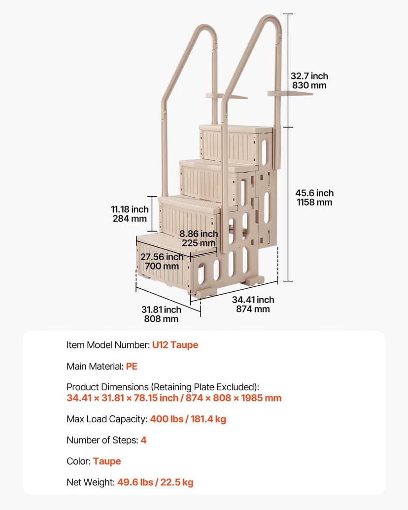 VEVOR Swimming Pool Ladder, 4-Step Double Handrails Stairs with Non-Slip Heavy Duty Steps, Max Load Capacity 400 lbs, for 48-54 in Inground & Above-Ground Pools of Any Decking Surface, Taupe
