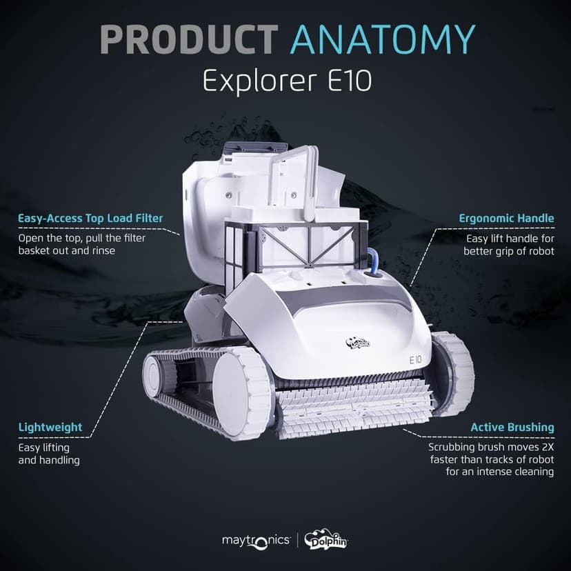 Dolphin E10 Automatic Robotic Pool Vacuum Cleaner, Active Scrubber Brush, Top Load Filters Access