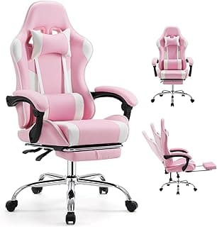 DUMOS Ergonomic Gaming Office Desk Chair with Footrest and Headrest for Adults, PU Leather Video Computer Chair with Linkage Armrests, Height Adjustable 360° Swivel Recling Chair, White Pink