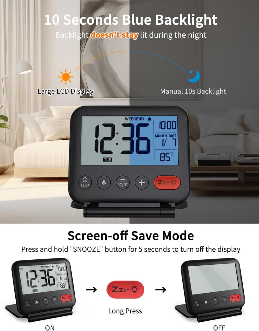 NOKLEAD Digital Travel Alarm Clock for Bedroom Office: Small LCD Desk Clock with Backlight Date Temperature Snooze 12/24H Weekend Mode and Mirror, Battery Powered Folding Bedside Clock for Adult Kids