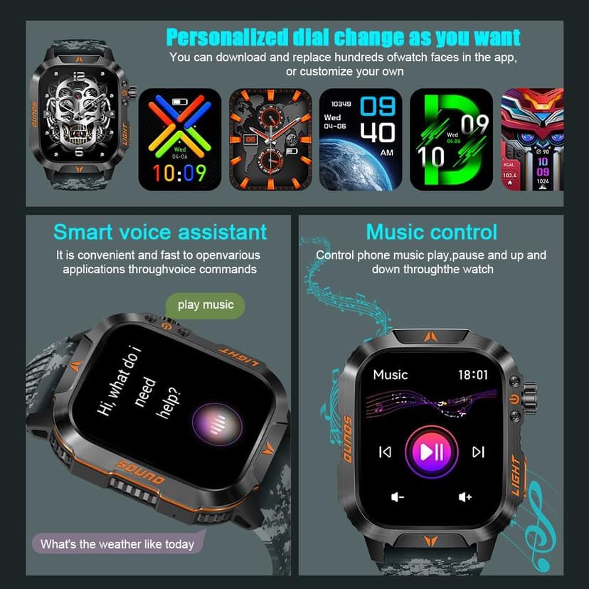 Military Smartwatch for Men, LED Flashlight Bluetooth Call IP68 Waterproof Heart Rate Blood Oxygen Sleep Tracker Fitness Pedometer Android iOS Compatible - Ideal for Hunting Hiking Extreme Sports