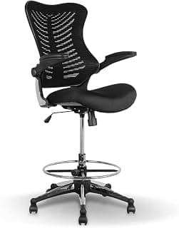 OfficeFactor 300 Lbs Tall Drafting Chair with Adjustable Foot Ring & Flip-Up Arms – Ergonomic Standing Desk Chair, Breathable Mesh Office Chair for Tall Desks, Counter Height & Reception(Black)