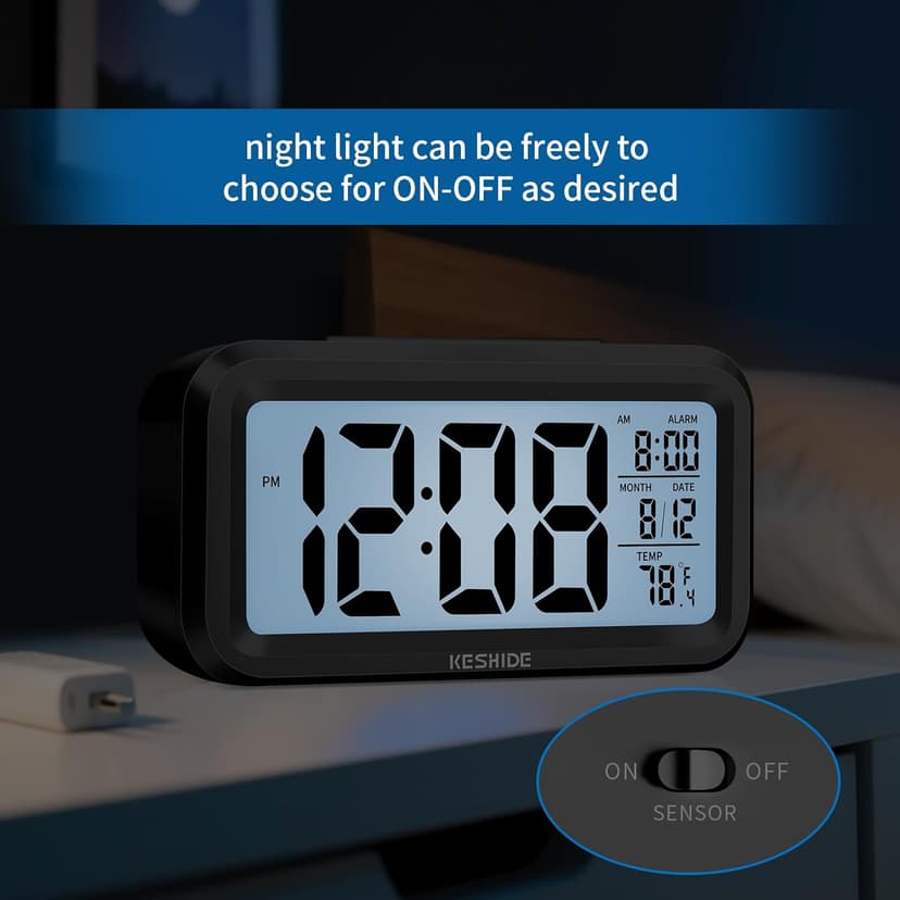 KESHIDE Digital Alarm Clock Battery Operated with Indoor Temperature, Desk Small Clock,Snooze Model,12/24H Display for Bedrooms Heavy Sleepers Kids Travel Bathroom (Black)