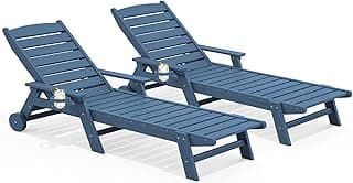 SERWALL Patio Chaise Lounge Chair Set of 2, 78'' Long 5-Positions Adjustable HDPE Outdoor Lounger for Pool, Poly Lounge Chair with Rolling Wheels & Cup Holder for Poolside, Deck, Blue