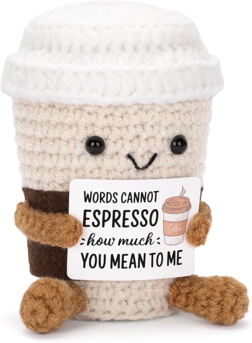 Funny Positive Coffee, Emotional Crochet Doll, Cute Crochet Potato Partner Toy with Positive Card Cheer Up Funny Gag Gifts for Best Friend Birthday Women Teacher Fall（Coffee B0DW8XPF2P