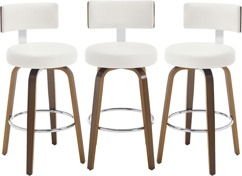 Bekrvio Swivel Counter Height Bar Stools Set of 3, Faux Leather Kitchen Stools Upholstered Barstools with Back, Walnut Wood Legs, Mid Century Island Chairs Counter Stools, 26" Seat Height, White