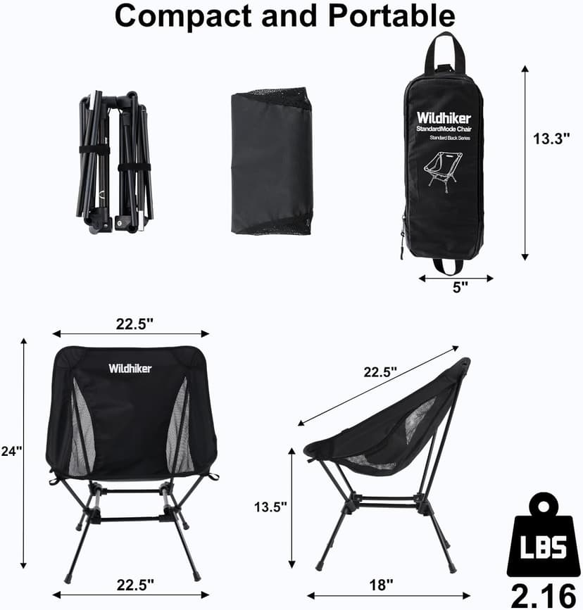 Wildhiker Lightweight Camping Chair – Folding Portable Chair for Adults, 2.16 lbs with Square Base and Carry Bag for Travel, Fishing, Motorcycle, Festival– Black