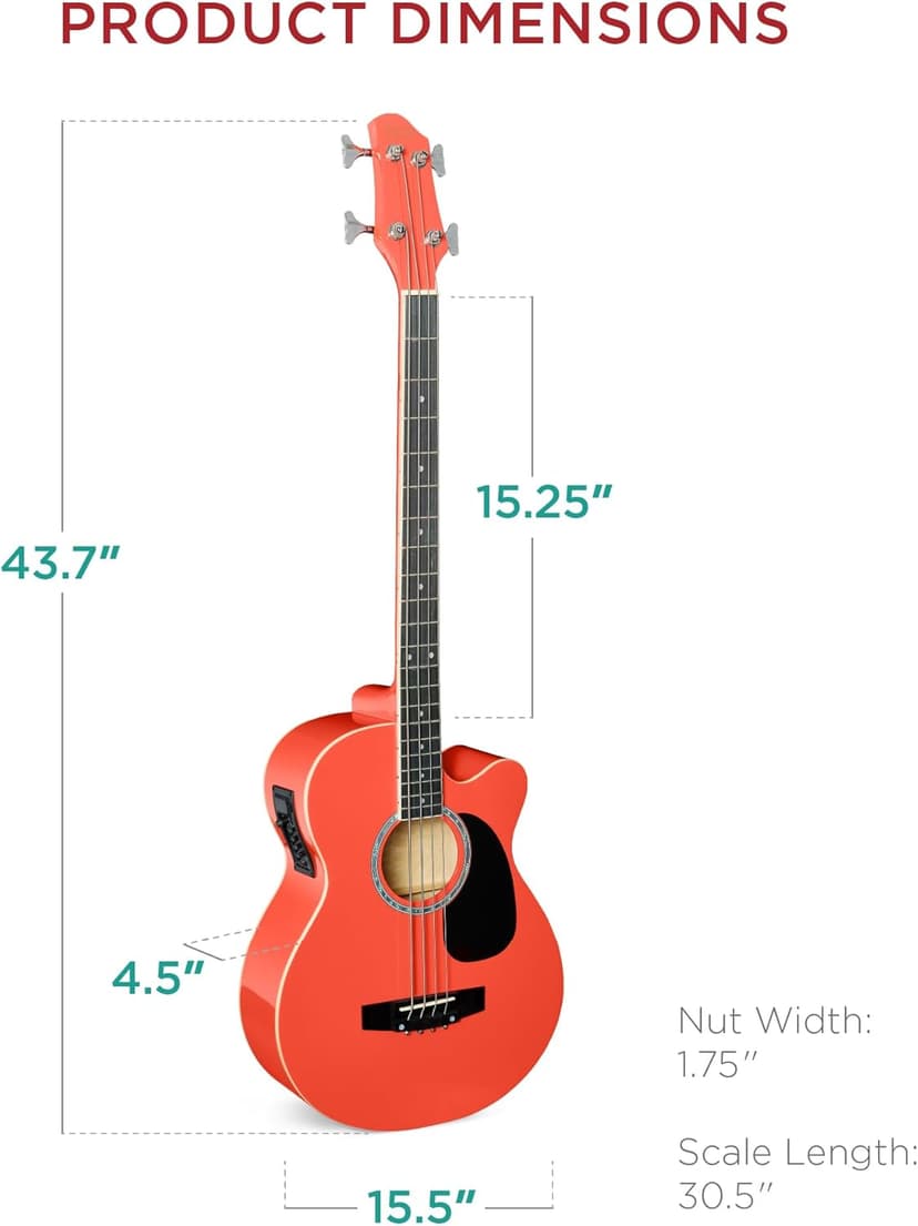 Best Choice Products Acoustic Electric Bass Guitar, Full Size 4 String, Fretted Bass Guitar w/Padded Gig Bag - Red
