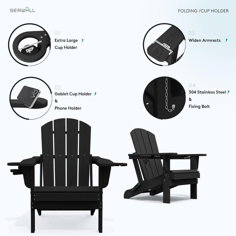 SERWALL HDPE Folding Adirondack Chair with Dual Cup Holder - Composite Adirondack Chair Set of 4- Black