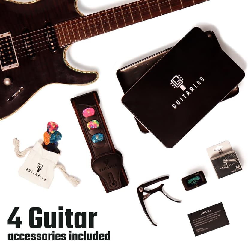 Guitar Accessories Kit by Guitar Lab – Premium Metal Tin with Guitar Strap, Capo, Tuner, Picks for Acoustic, Bass, Electric & Ukulele Guitars – Ideal Guitar Gifts for Men, Beginners, and Pros