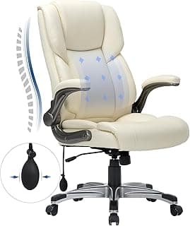 COLAMY High Back Executive Office Chair- Ergonomic Home Computer Desk Leather Chair with Padded Flip-up Arms, Adjustable Tilt Lock, Swivel Rolling Chair for Adult Working Study-Ivory