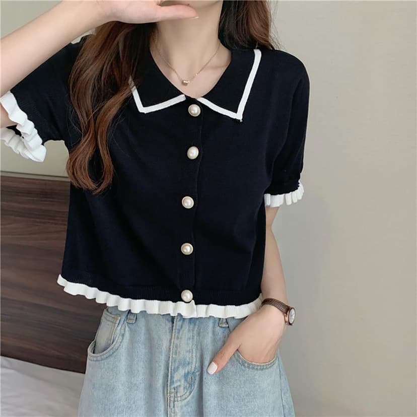 LREUIP Chic Korean Style Academy Style, Contrasting Navy Collar, Versatile Bubble Sleeve Shirt, Loose top, Elegant Goddess