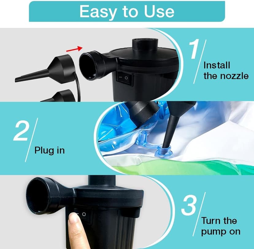 Electric Air Pump,Portable Quick-Fill Air Pump, Air Mattress Pump with 3 Nozzles for Inflatable Boat, Air Mattress Beds,Swimming Ring.Compatible with Home and car Adapter by Inscool (110V AC/12V DC)