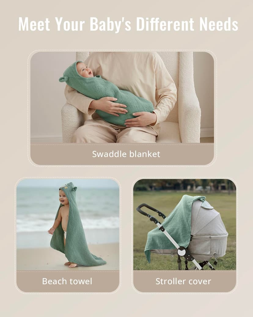 Blissful Diary Muslin Baby Hooded Towel 2 Pack, Soft & Absorbent Bath Towel for Infant, Toddler, Unisex, Baby Gift, Newborn Essentials, Bear & Lamb B0FQ9ZT37D