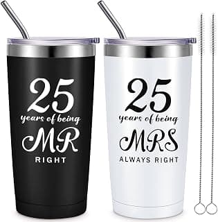 25th Anniversary Cups for Couples Travel Tumbler Wedding Engagement Coffee Mug for Husband Wife Newlywed Bride Groom Cunhill 2 Pcs 25th Wedding Anniversary Tumblers Mr and Mrs Cups Set 20 oz B0B718Y7F6