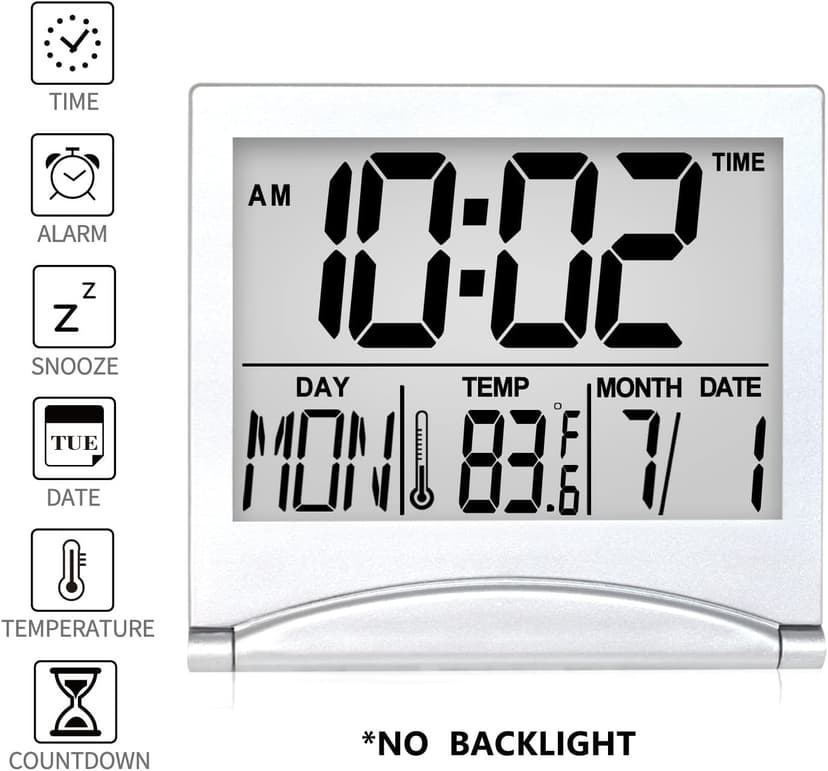 Betus Digital Travel Alarm Clock - Foldable Calendar Temperature Timer LCD Clock with Snooze Mode - Large Number Display, Battery Operated - Compact Desk Clock(Silver, No Backlight)