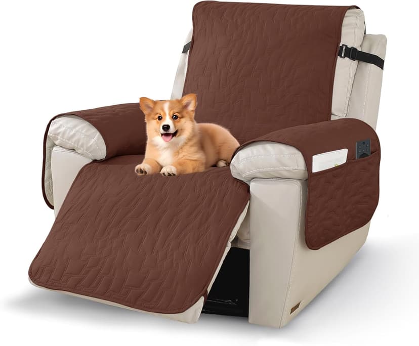 100% Waterproof Recliner Chair Covers,Non-Slip Chair Cover Dog Furniture Protector Recliner Covers Washable Slipcover with Pocket,Elastic Straps for Pets,Dogs,28",Coffee