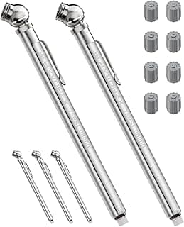 Pencil Tire Pressure Gauge 2 Pack with Valve Caps, Stainless Steel Body Tire Gauges for Tire Pressure with Deflator Valve, Metal Nozzle Tire Gauge for Cars, Pickups, RVs, Bicycles