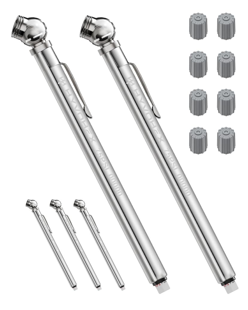 Pencil Tire Pressure Gauge 2 Pack with Valve Caps, Stainless Steel Body Tire Gauges for Tire Pressure with Deflator Valve, Metal Nozzle Tire Gauge for Cars, Pickups, RVs, Bicycles