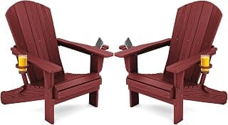 SERWALL Adirondack Chair with Cup Holders - Composite Adirondack Chairs Set of 2 HDPE Outdoor Chairs All Weather Use- Dark Red