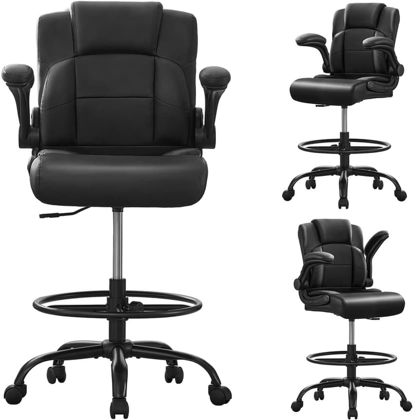 Ergonomic Drafting Chair,Tall Office Chair for Standing Desk with Flip-Up Armrests,Adjustable Foot Ring & Height, High Leather Executive Office Chair for Home,Drawing or Counter Height Use