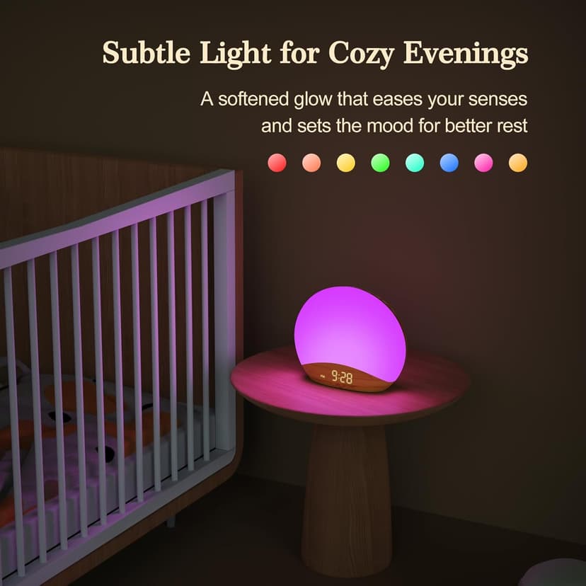 REACHER Wood Grain Sunrise Alarm Clock and Sound Machine Nightlight, Digital Dimmable Clock for Bedroom, 26 Sleep Sounds, White Noise Machine for Baby, Adults, Wake Up Light Alarm Clock for Kids