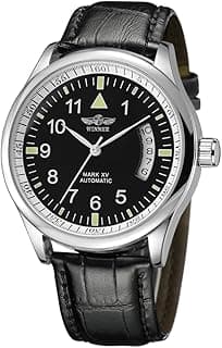 VIGOROSO Men's Mechanical Watches Day Date Black Leather Automatic Self Winding Watch for Men