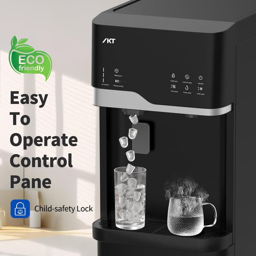 IKT Hot and Cold Water Cooler Built in Ice Maker Bottom Loading 5 Gallon, Bullet Ice 22lbs Per Day, LED Display, for Home or Office Black