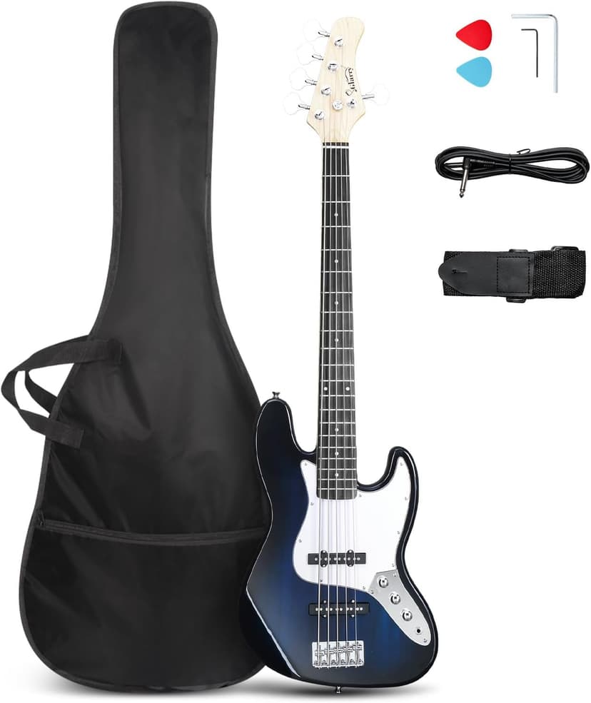 Glarry 5 String Electric Bass Guitar, Full Size Right Handed Rosewood Fretboard Bass Kit with Strap, Cable and Pick (GJazz - Dark Blue)