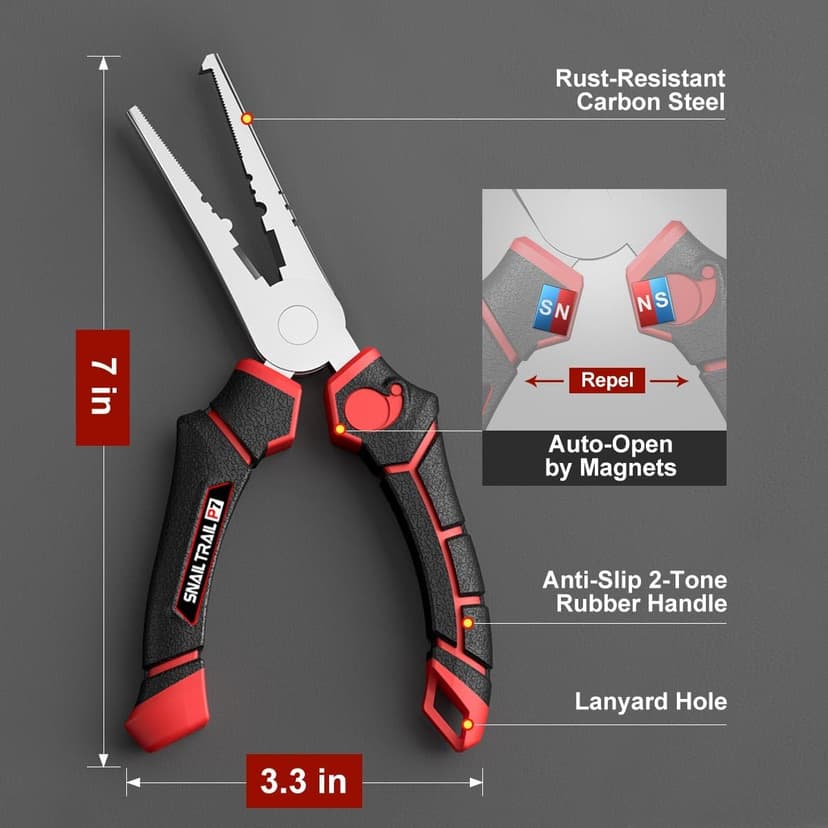 SNAIL TRAIL 7'' Fishing Pliers, Angled Head Split Ring Pliers, Auto-Open by Magnets, Corrosion Resistant Fish Hook Remover, Saltwater Crimping Shot & Wire Cutter Tool