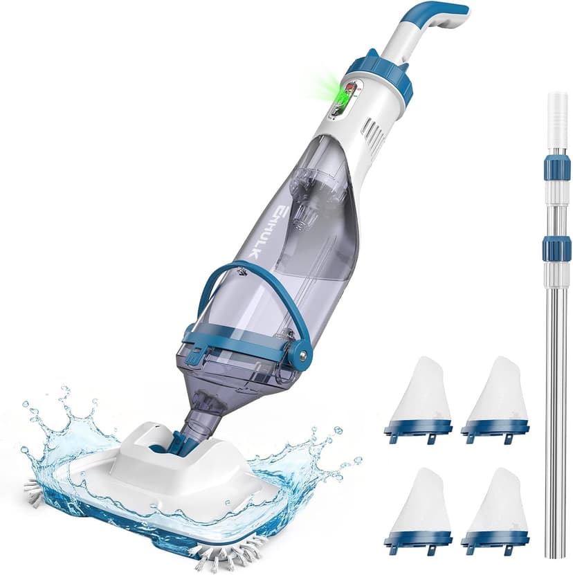 ENHULK Pool Vacuum for Above Ground Pools, 2025 Upgraded 13.4" Wide Head & Telescopic Pole, 18.5 GPM Suction, 60 Min Runtime, Cordless Handheld Rechargeable Pool Cleaner for Inground Pools (Blue)
