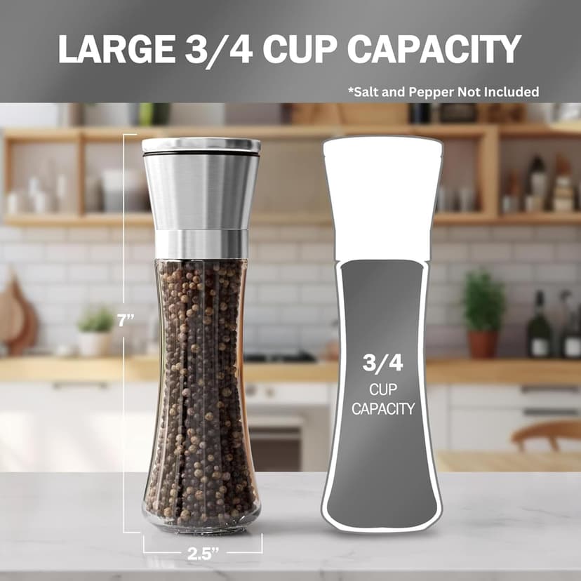 HOME EC Original Stainless Steel Salt or Pepper Grinder 1pk - Adjustable Ceramic Sea Salt Grinder or Pepper Mill - Tall Glass Spice Shaker - Spice Mill w/EBook B082V134CK