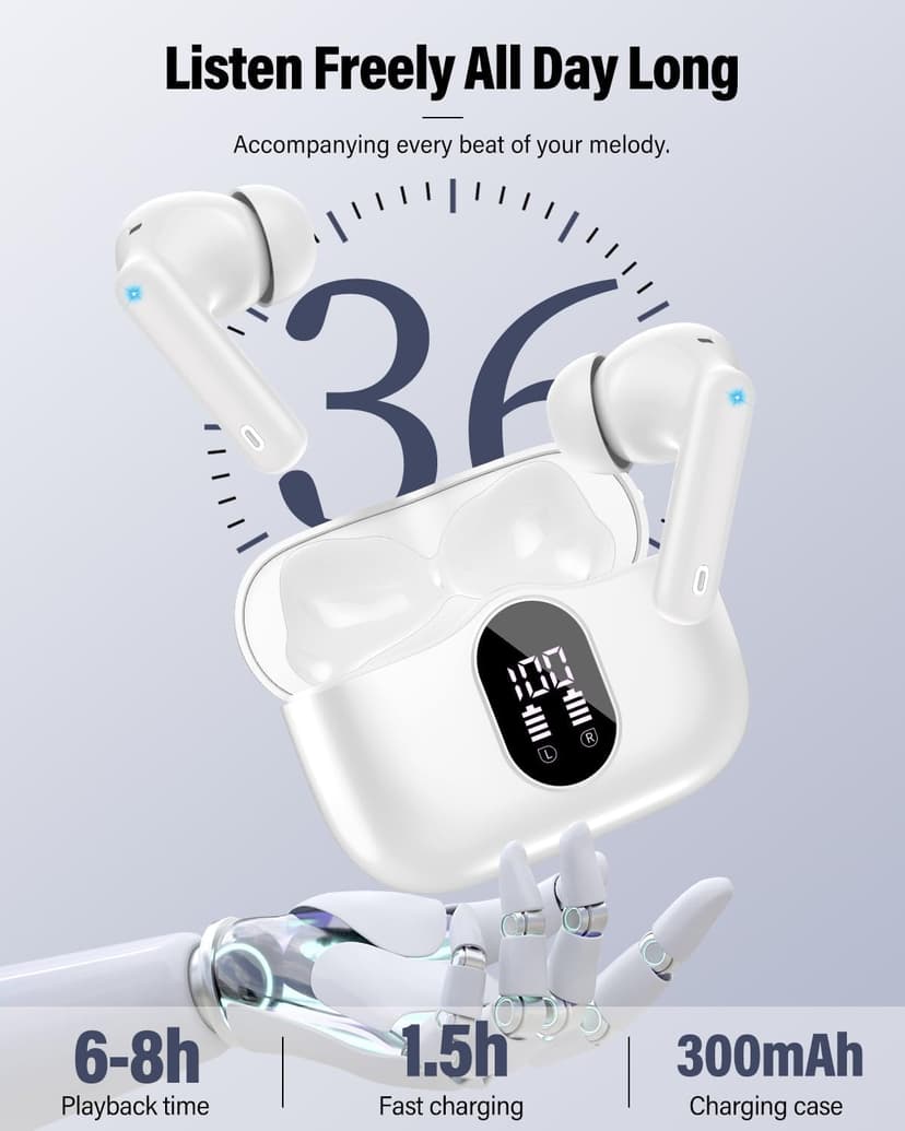 Wireless Earbuds, Bluetooth 5.4 Headphones Bass Stereo, Ear Buds with Noise Cancelling Mic, LED Display in Ear Earphones Clear Calls, IP7 Waterproof Bluetooth Earbuds for Laptop/Phones/Sports, White