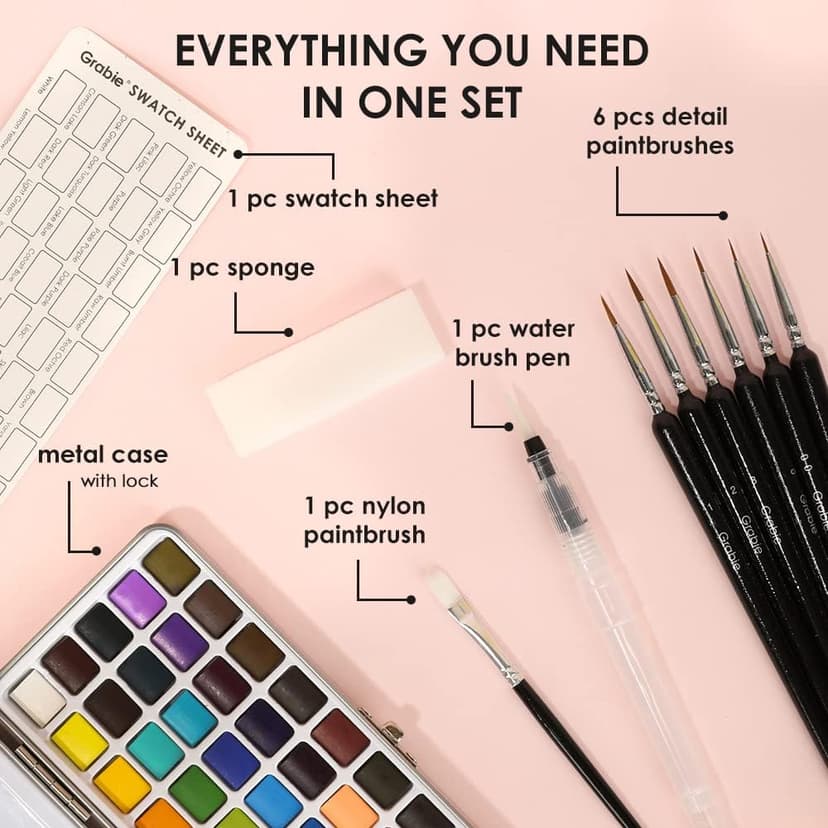 High Pigment Paints, Blendable Colors, Portable Travel Case, Painting, Sketching, Illustration, Beginner And Hobby Artists Grabie 50 Color Watercolor Paint Set with Brush Pens B0BJPQ3TKS
