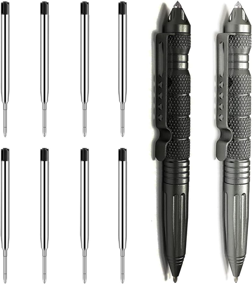 Origin-Joy 2 Pack Tungsten Steel Military Tactical Pen Set, Multifunctional EDC Self Defense Pen With 8 Ballpoint Refills (Black & Gray)