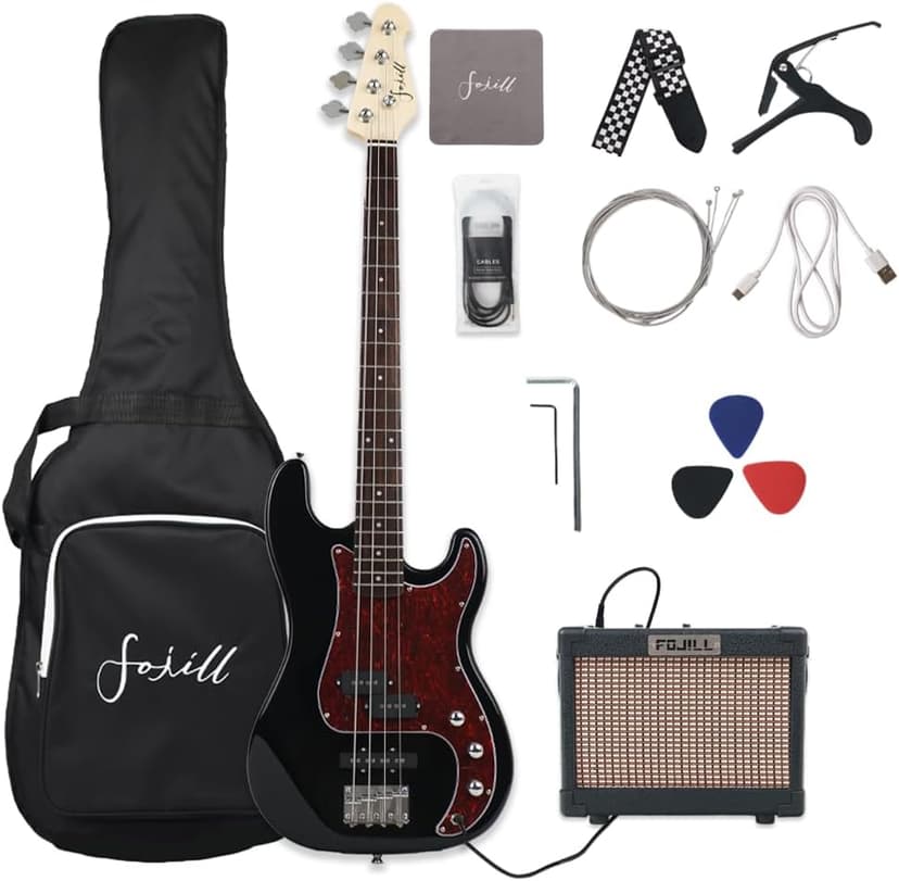 Fojill Full Size Four String Electric Bass Guitar With 10 Watt Amplifier 4 String Right Handed Beginner Kit Set With 600D Gig Bag,Picks,Noiselss Cable,Extra Strings(GBK)