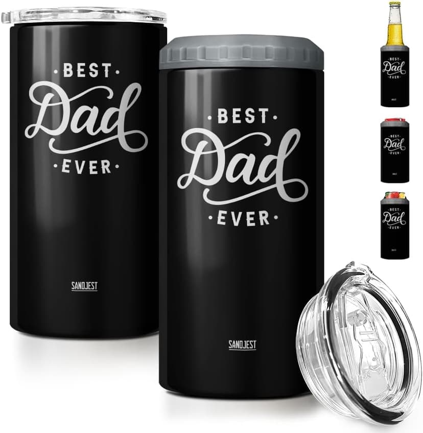 SANDJEST 4-in-1 Best Dad Ever Tumbler Gifts for Dad from Daughter Son - 12oz Dad Can Cooler Tumblers Travel Mug Cup - Stainless Steel Insulated Cans Coozie Christmas, Birthday, Father's Day Gift