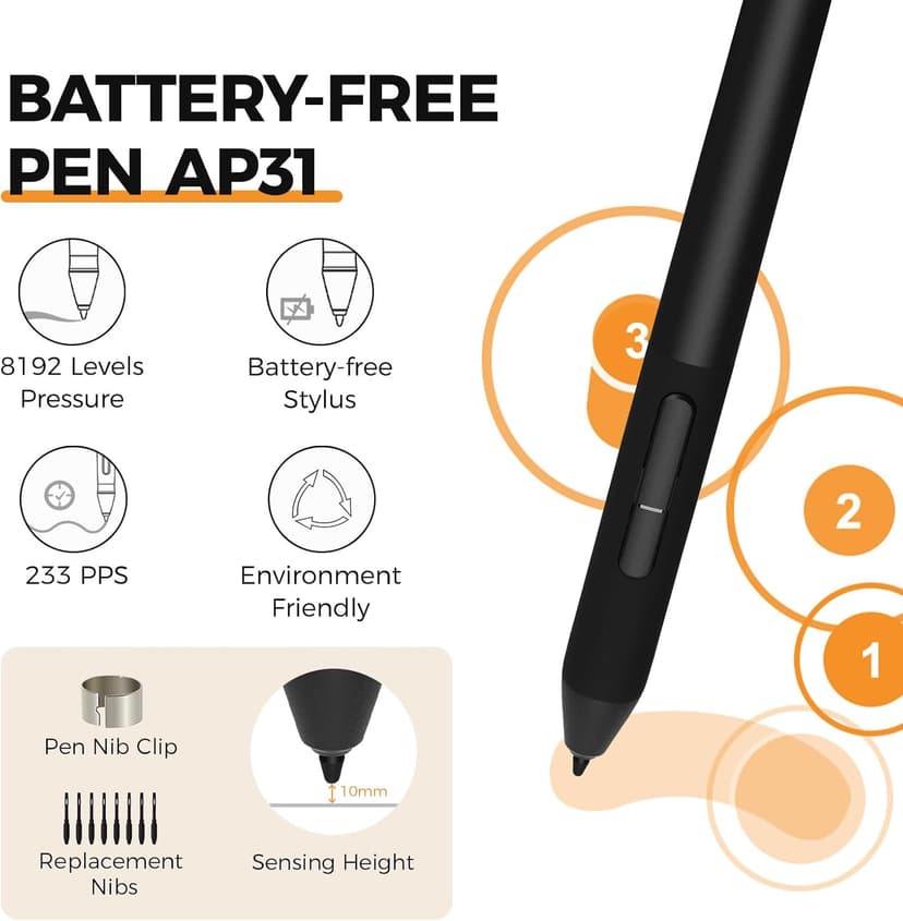 GAOMON M10K Drawing Tablet, 10x6 inch Large Graphics Tablet with Touch Ring, 8192 Levels Battery-Free Stylus, 10 Hot Keys, Art Tablet for Design, Writing, Editing, Work with Mac, Windows, Android