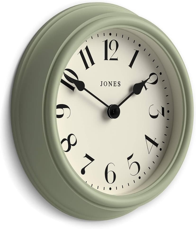 JONES CLOCKS® Frieze Wall Clock | Small Elegant Classic Round Clock | 23cm | Sage Green | Pretty Design Ideal for The Kitchen, Living Room, Bedroom, Large or Small Spaces