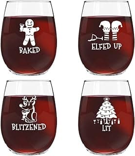 Drunk Christmas Funny Stemless Wine Glasses Set of 4 | Hilarious Christmas Themed Wine Glass for Holiday Party | 4 Designs | 15 oz Cheerful Party Cups & Gift Exchange Idea for White Elephant, Xmas