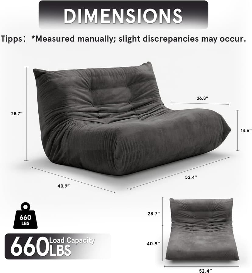Sytopia Loveseat Bean Bag Chair, Oversized Reading Chair for Adults Ultra-Comfy, Corner Floor Sofa 40D Foam, Furniture for Living Room Bedroom Gaming, Black Onyx