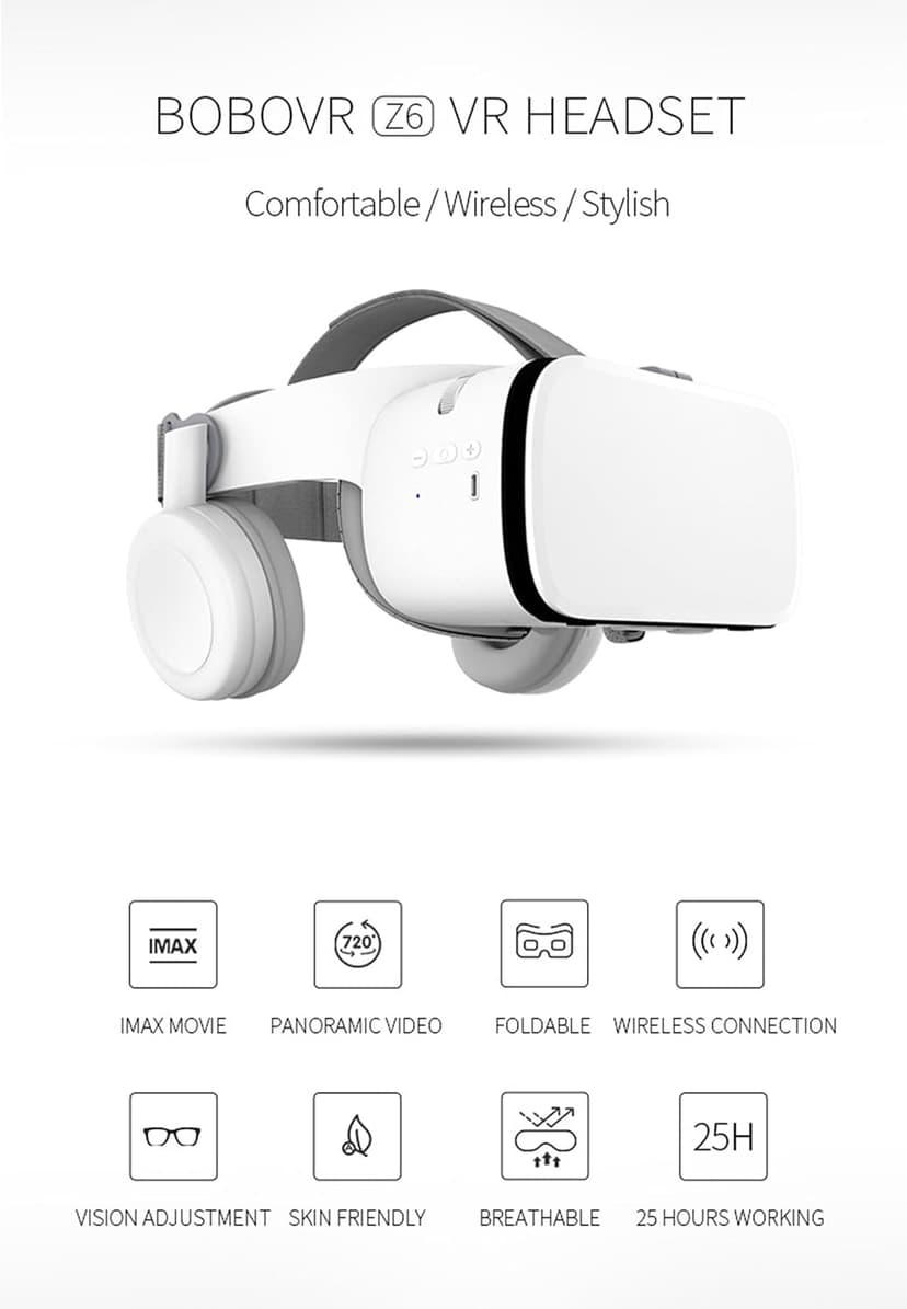 VR Headset for Phone, Virtual Reality Glasses with Bluetooth Headphones for Adults and Kids Play 3D VR Games Movies (White VR Only)