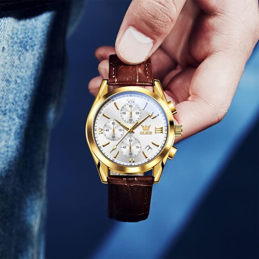 OLEVS Men's Casual Leather Watch, Big Face Chronograph Watch for Men, Fashion Easy to Read Dress Watch, Men's Waterproof Luminous Date Analog Watch, Gold/Black/White/Blue Dial