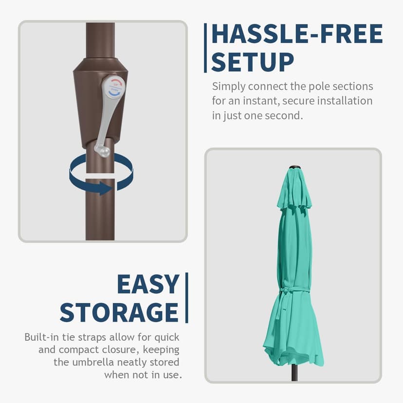 9FT Patio Umbrella with Fiberglass Ribs, Outdoor Market Table Umbrella with Crank and Tilt, UV Resistant Waterproof Canopy for Patio, Garden, Deck, Pool, Turquoise Blue