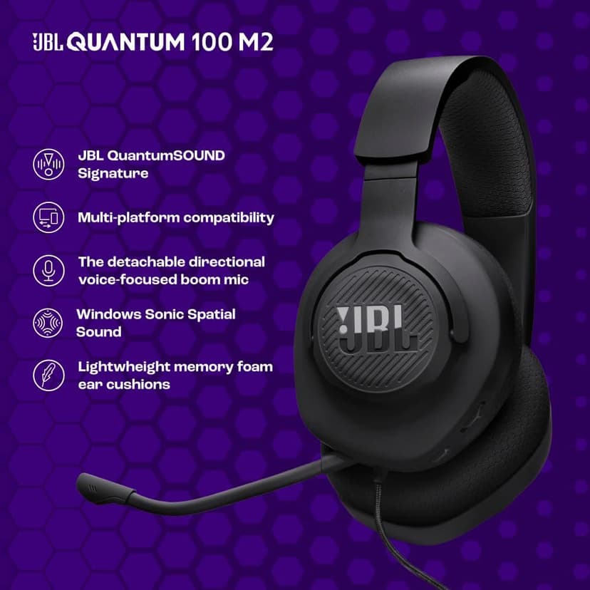 JBL Quantum 100M2 - Wired Over-Ear Gaming Headset with omnidirectional, Detachable mic with Mute Option and Fabric-Covered Memory Foam Ear Cushions, Compatible with All Platforms (Black)