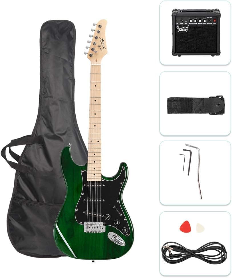 GLARRY Full Size Electric Guitar for Music Lover Beginner with 20W Amp and Accessories Pack Guitar Bag (GREEN, 39" Right Handed)