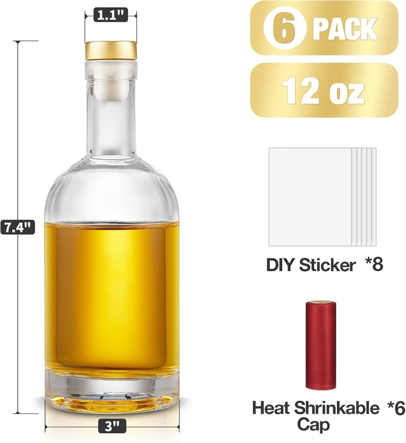 Mfacoy Set of 6 Glass Bottles, 12 oz Clear Liquor Bottles, Heavy Base Glass Bottle with T-Top Cap, Vodka Bottle for Wine Beverages Drinks Oil Vinegar Kombucha Beer with Cork Stopper Airtight Lid