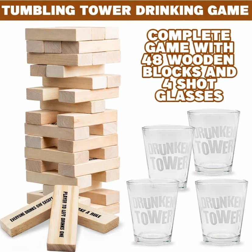 ArtCreativity Tumbling Tower Drinking Games for Adults, with 4 Glasses and 48 Wooden Blocks with Challenges, Fun House Adult Party Games for Game Night, Great Gift Idea for Everyone