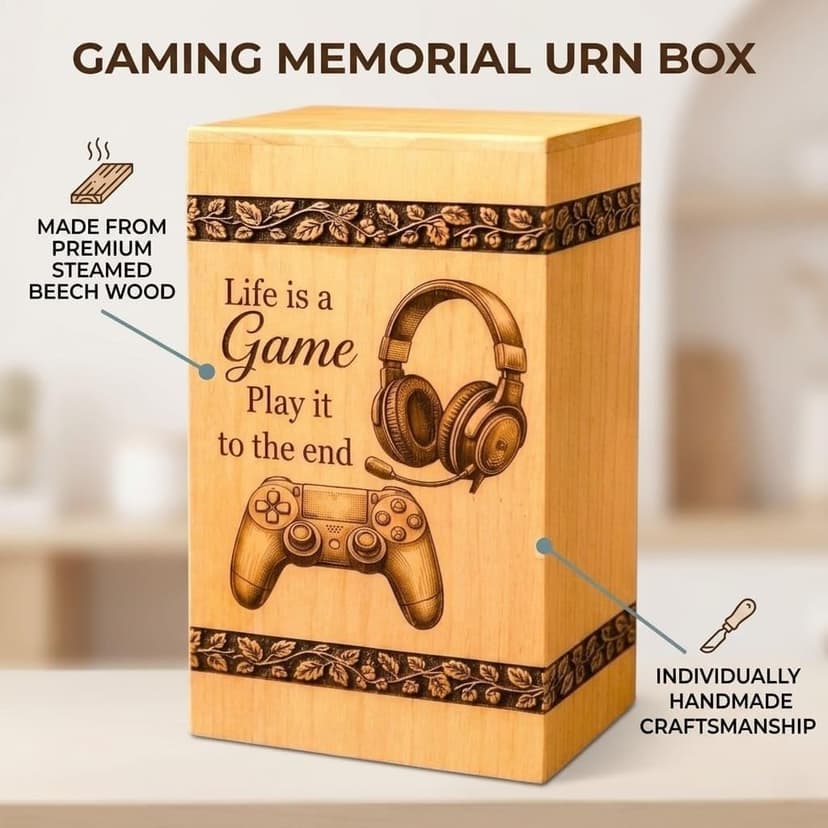 Steamed Beech Wood Gaming Memorial Urn Box for Ashes, Handmade Wooden Cremation Urn, Gamer Funeral Keepsake and Remembrance Box, Gamer urn, Gaming Memorial urn B0HH7PF8LT